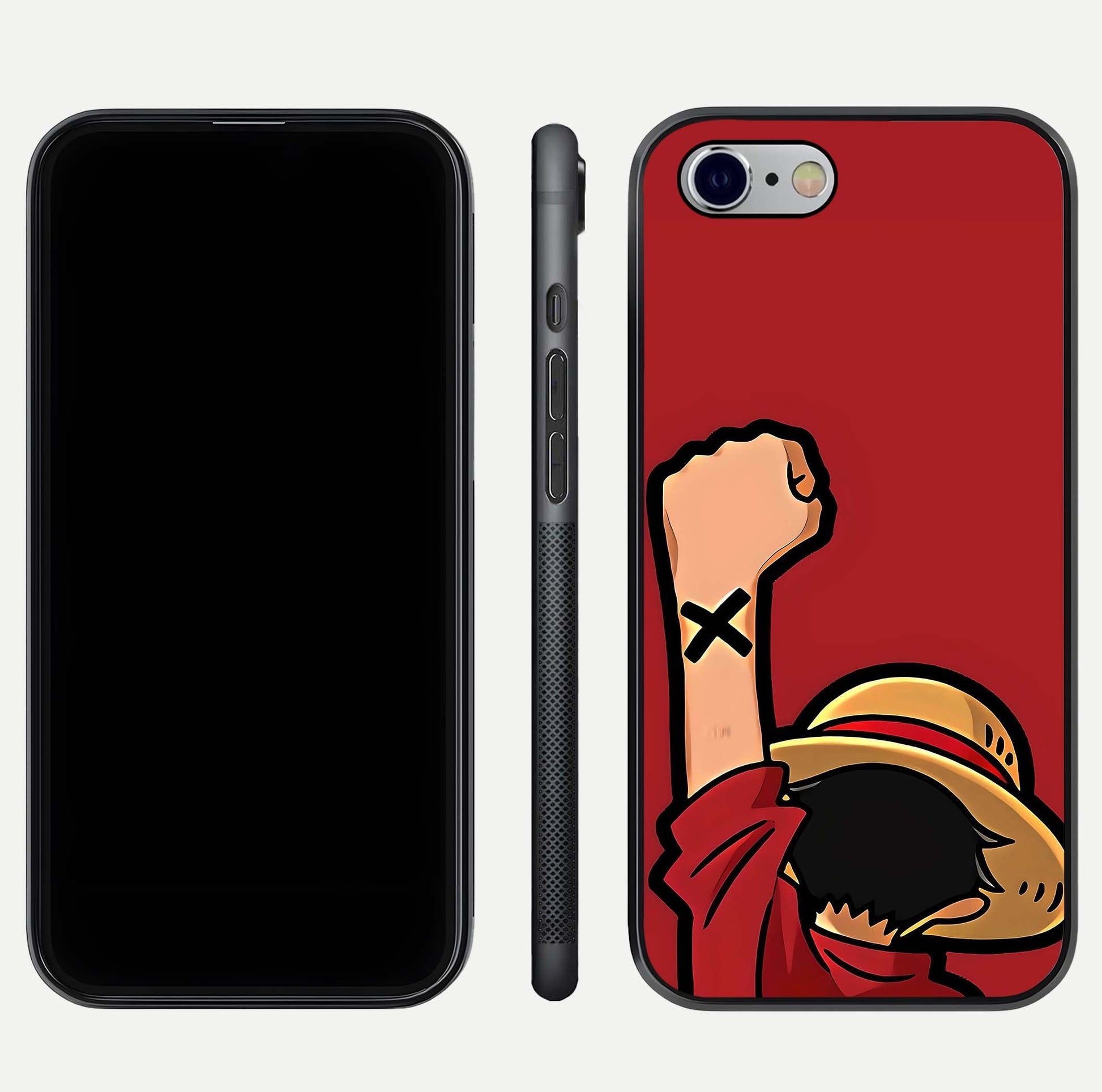Luffy X Spirit Glass Case for iPhone 16 Pro front & back layout displaying anime theme and curved edges