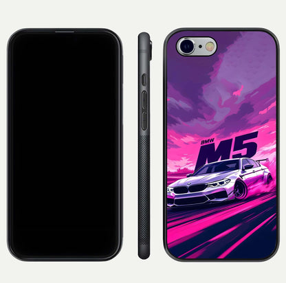 MS Neon Car Glass Case for iPhone 16 Pro front & back layout highlighting automotive art and curved design
