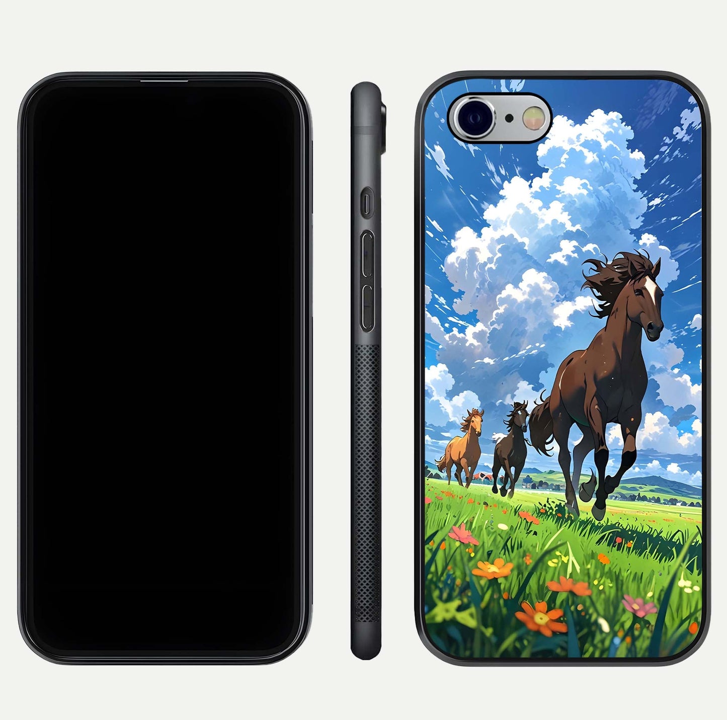 Majestic Horses Galloping Glass Case for iPhone 16 Pro front & back layout highlighting dynamic design and edges