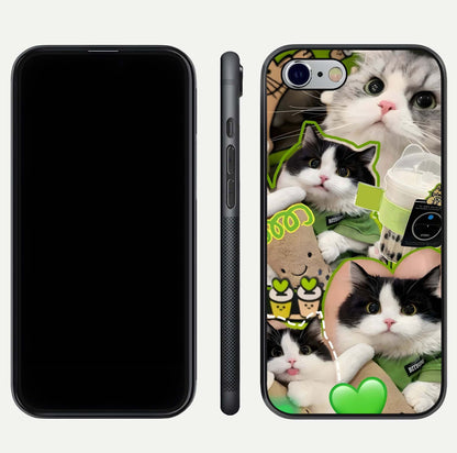 Matcha Cats Mood Glass Case for iPhone 16 Pro front & back layout highlighting cute theme and smooth edges
