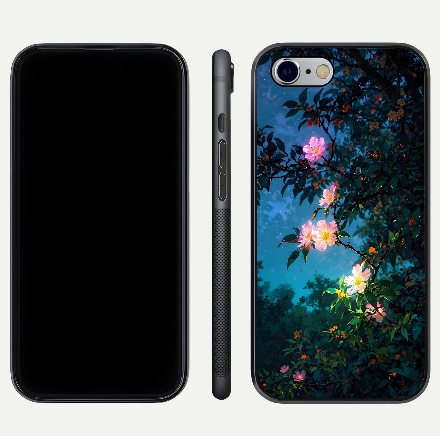 Midnight Bloom Glow Glass Case for iPhone 16 Pro front & back layout highlighting moody tones and smooth finish