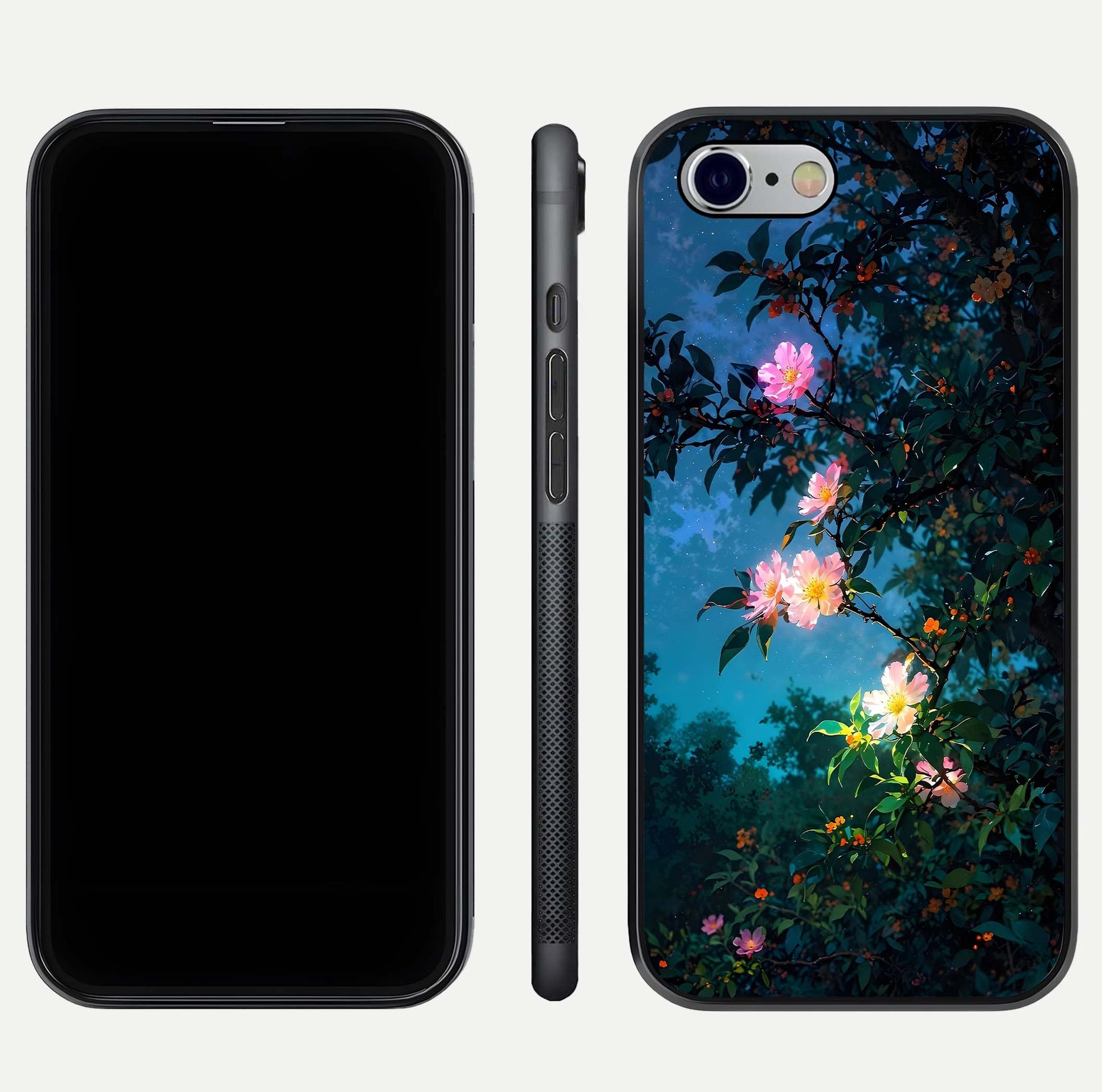 Midnight Bloom Glow Glass Case for iPhone 16 Pro front & back layout highlighting moody tones and smooth finish