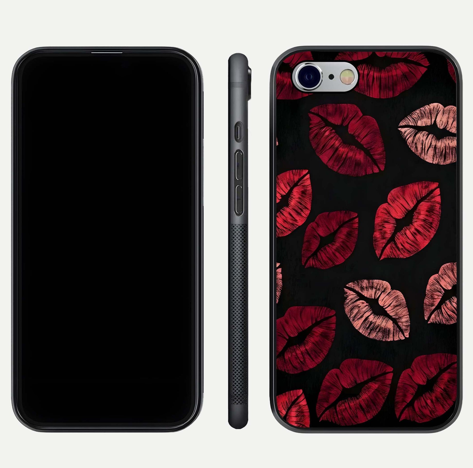 Midnight Kiss Love Glass Case for iPhone 16 Pro front & back view layout showing romantic theme and smooth curves