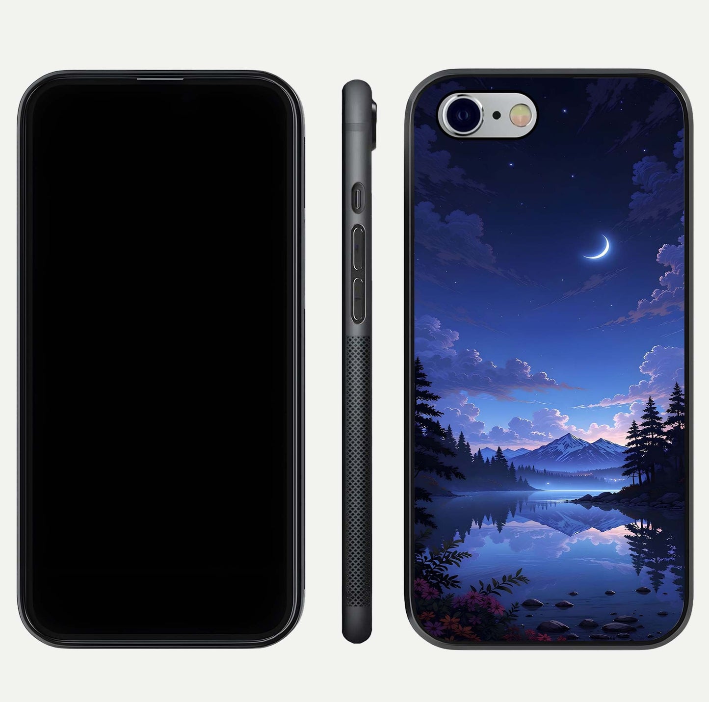 Midnight Lake Peace Glass Case for iPhone 16 Pro front & back layout highlighting calm design and curved edges