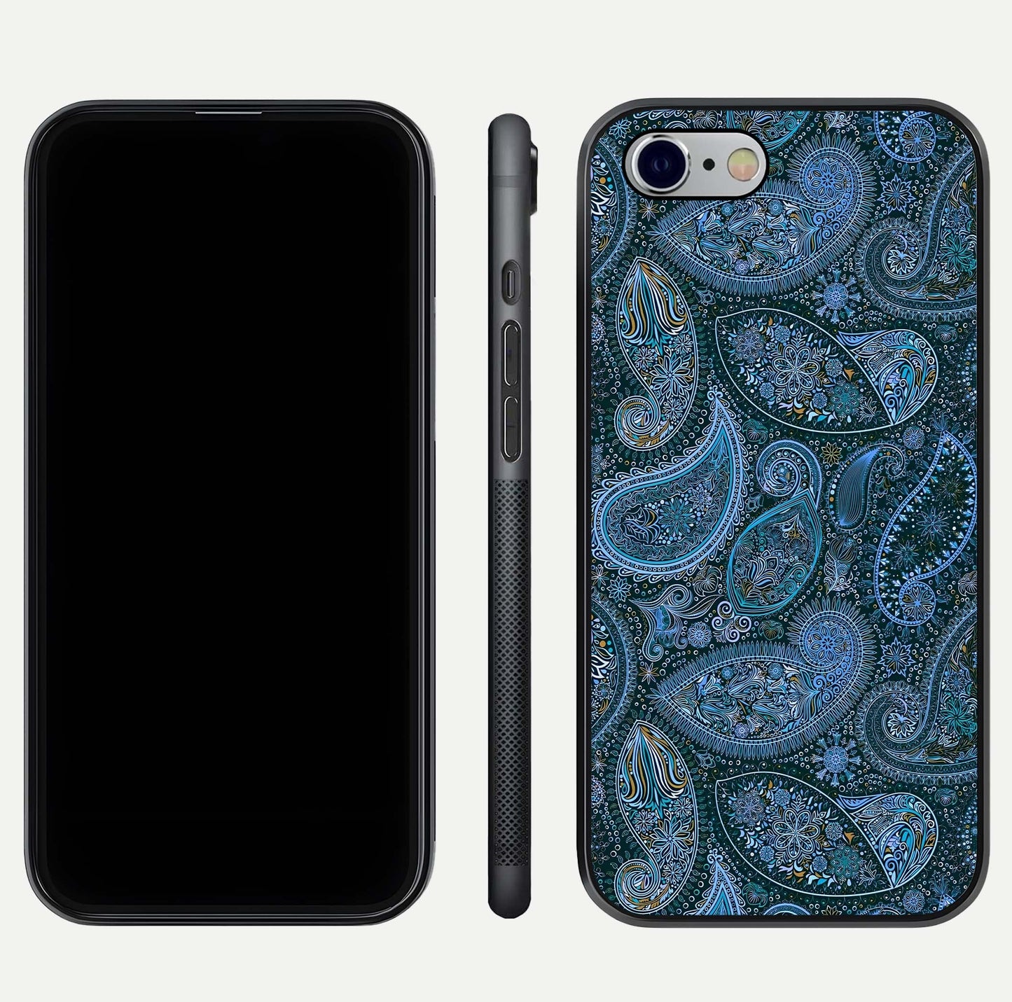 Midnight Paisley Glow Glass Case for iPhone 16 Pro front & back layout highlighting elegant edge finish