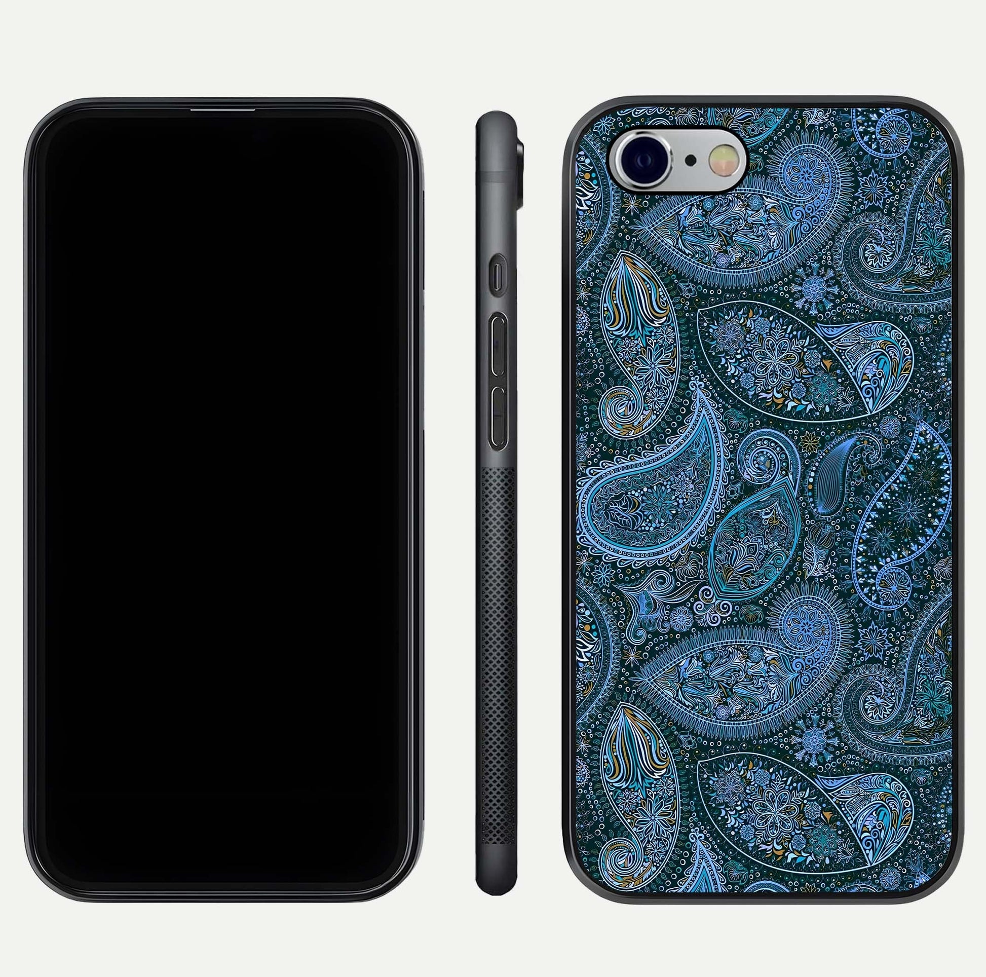 Midnight Paisley Glow Glass Case for iPhone 16 Pro front & back layout highlighting elegant edge finish