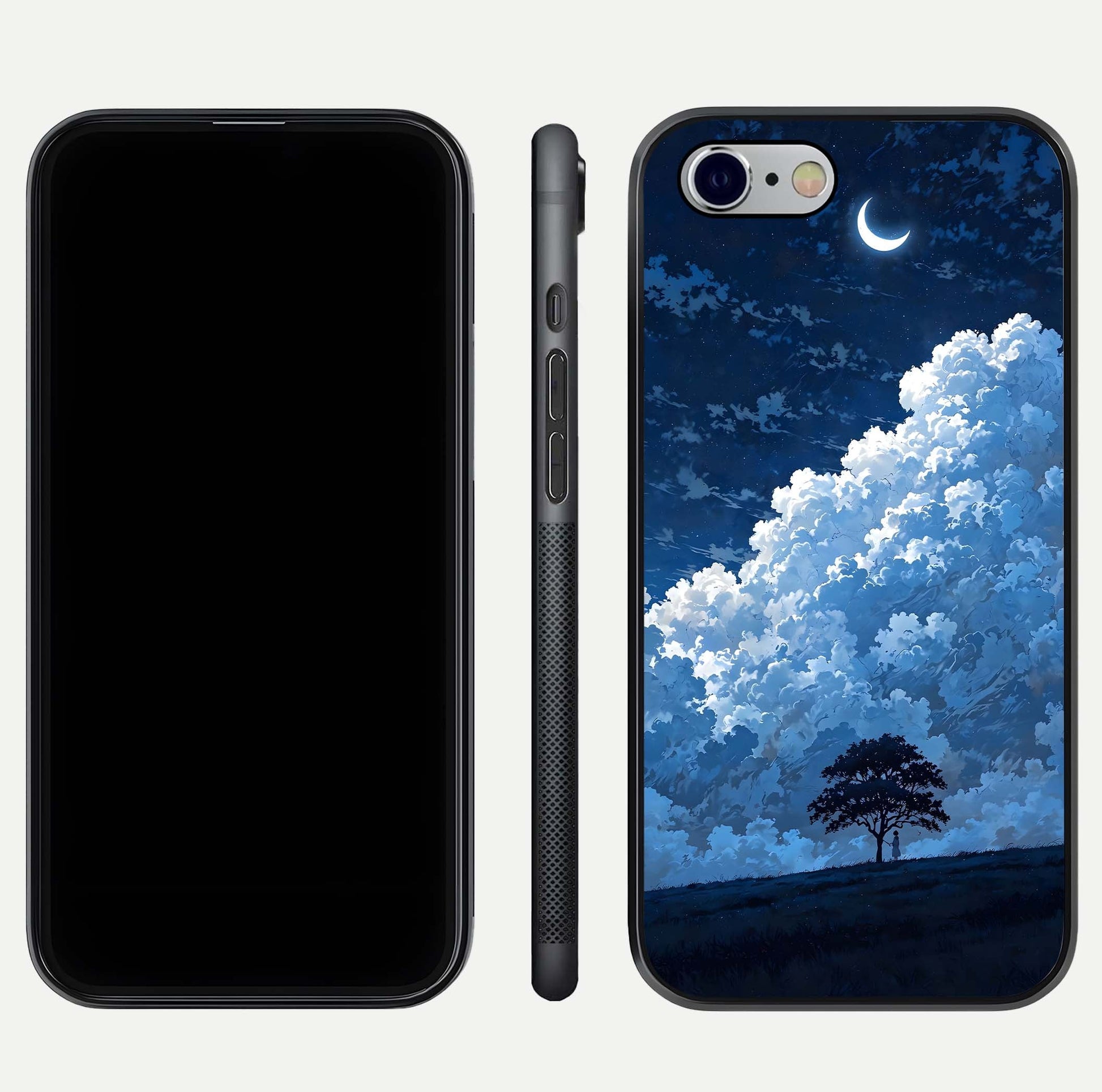 Midnight Sky Serenity Glass Case for iPhone 16 Pro front & back layout highlighting celestial art and curves