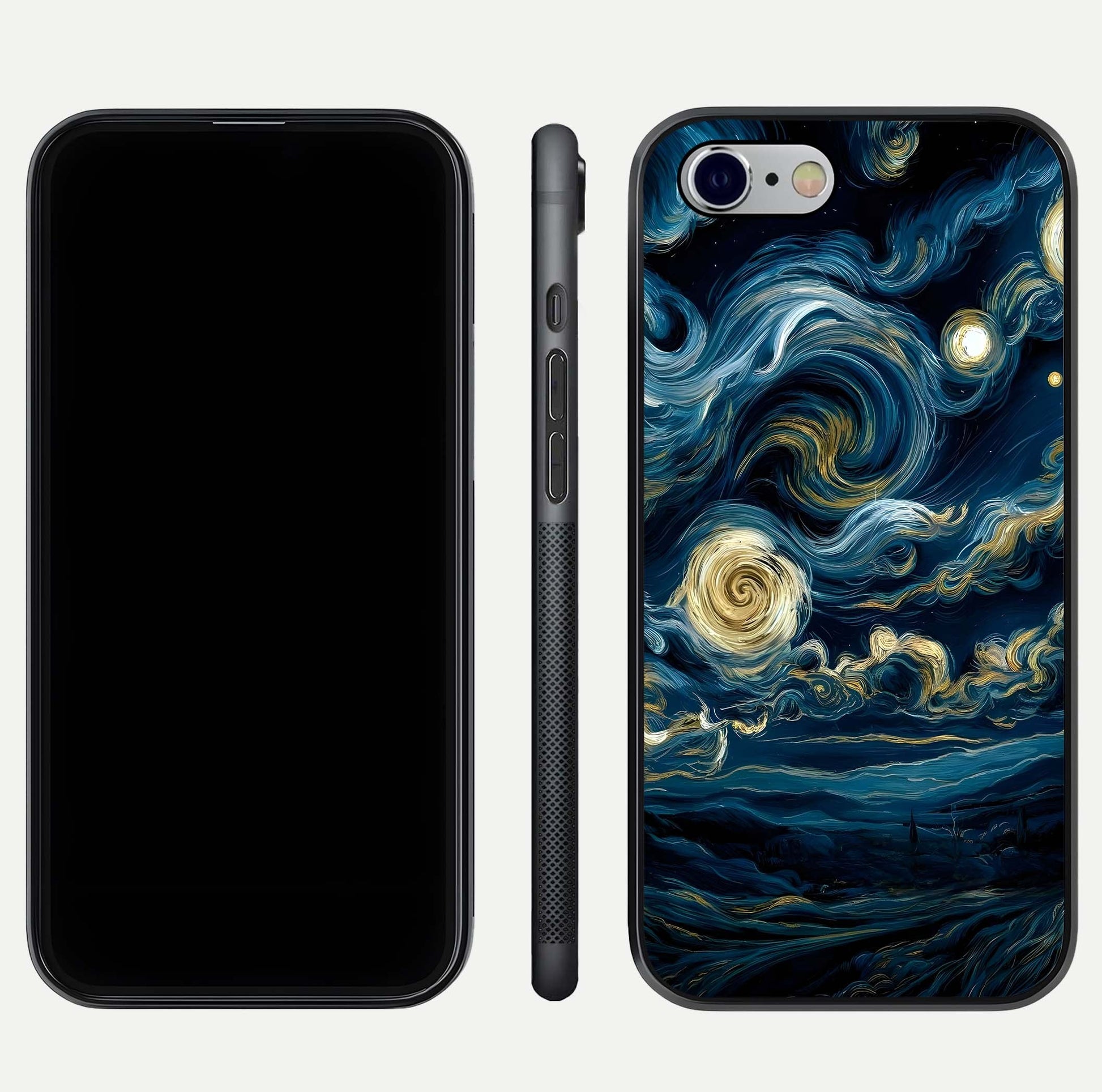 Midnight Sky Whirl Glass Case for iPhone 16 Pro front & back layout highlighting celestial movement art