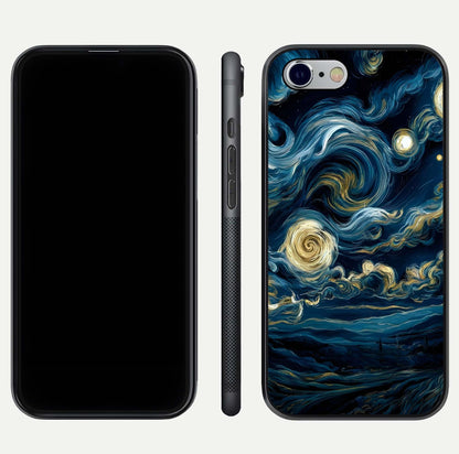 Midnight Sky Whirl Glass Case for iPhone 16 Pro front & back layout highlighting celestial movement art