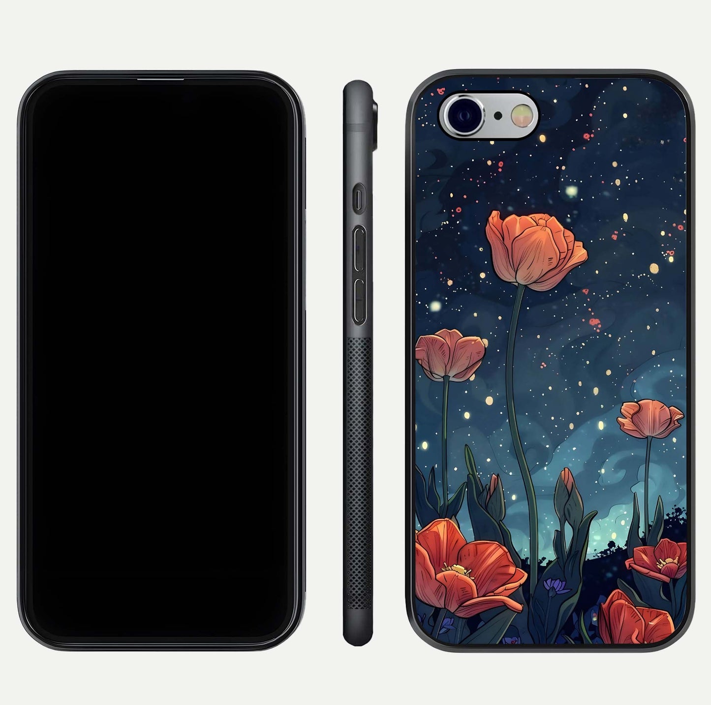 Midnight Tulip Glow Glass Case for iPhone 16 Pro front & back layout highlighting floral glow and curved edges