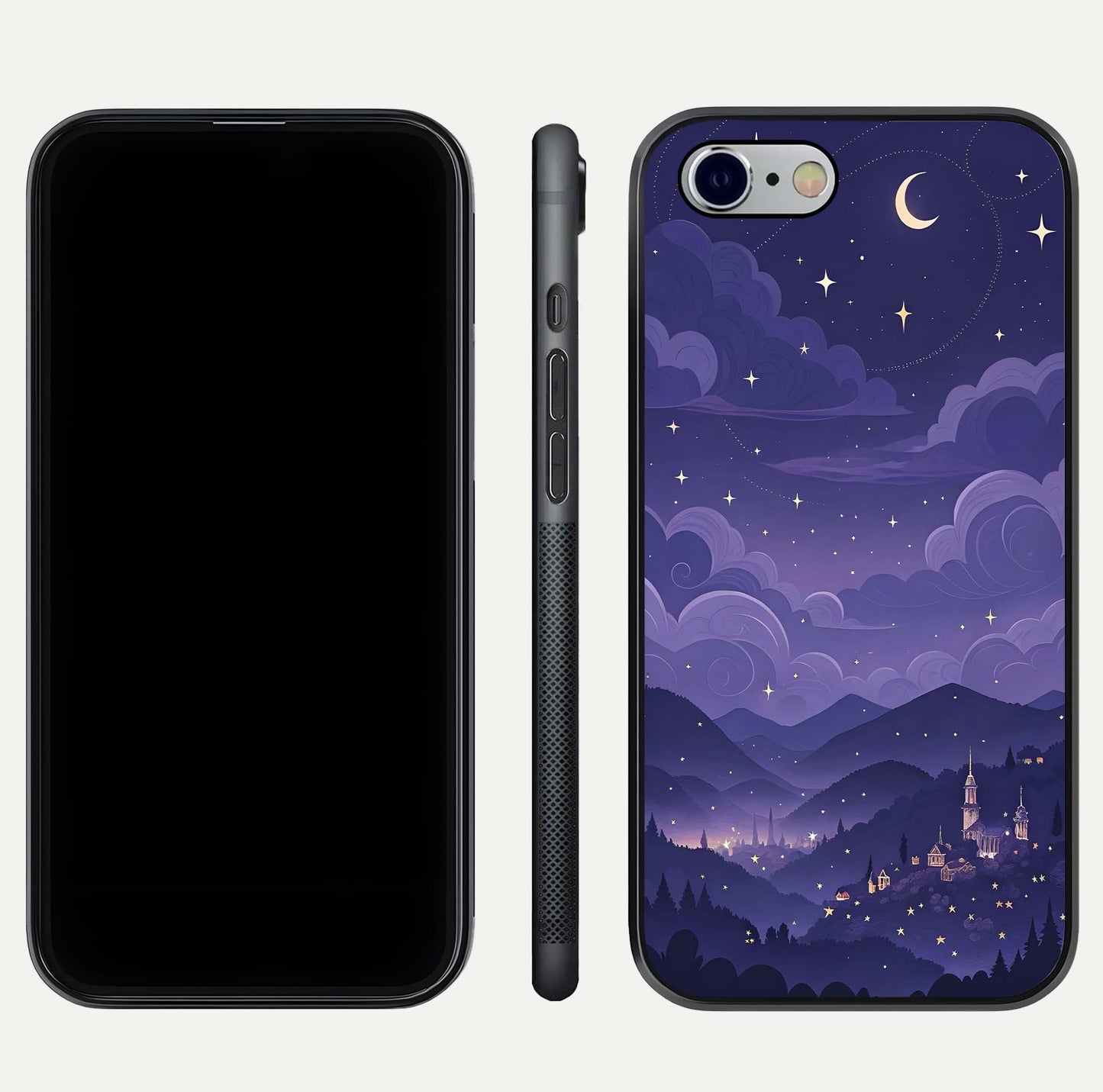 Minimal Night View Glass Case for iPhone 16 Pro front & back layout highlighting minimal night vibe and curves