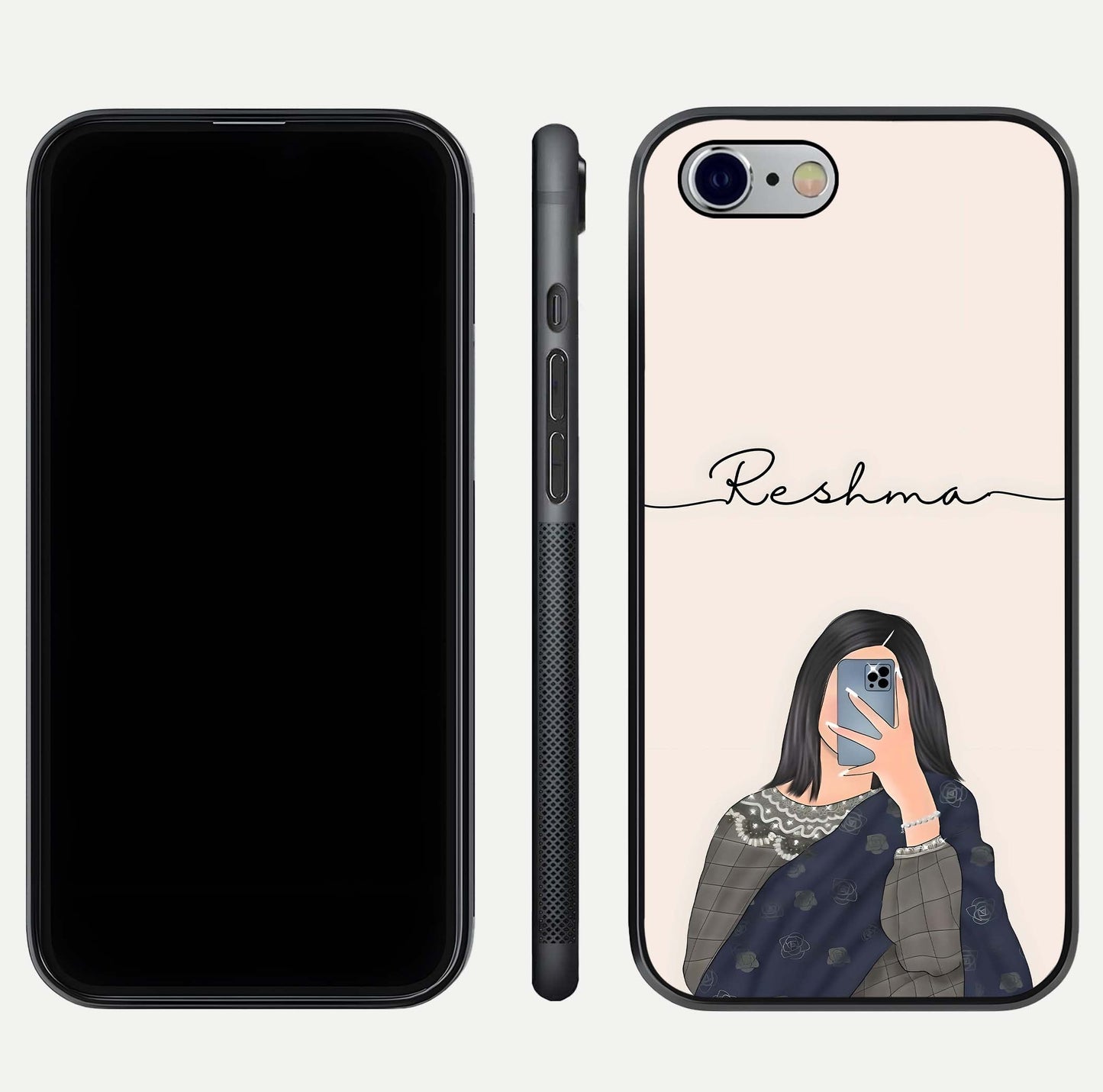 Mirror Mood Muse Custom Name Glass Case for iPhone 16 Pro front & back layout showing personalized name placement