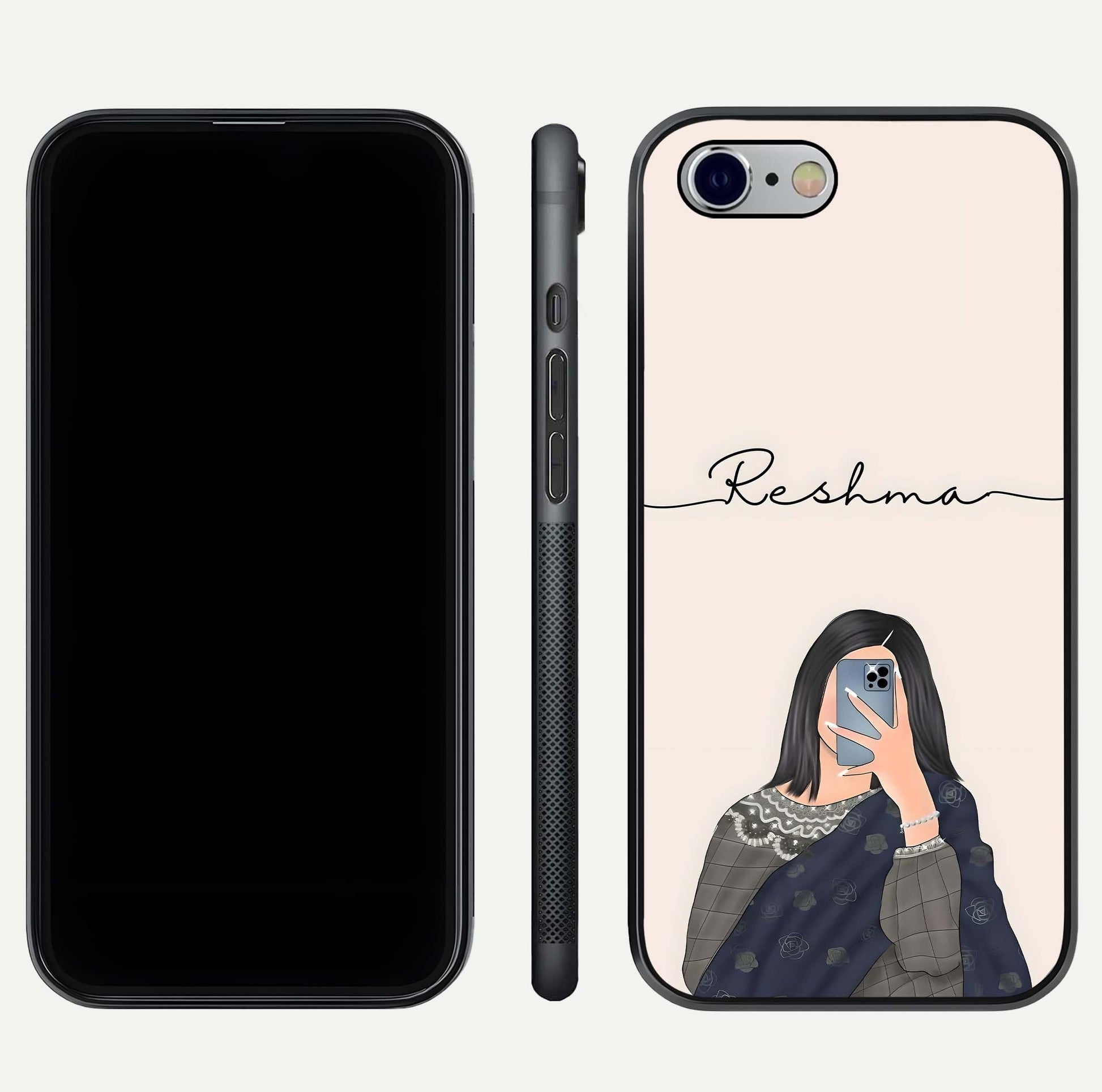 Mirror Mood Muse Custom Name Glass Case for iPhone 16 Pro front & back layout showing personalized name placement