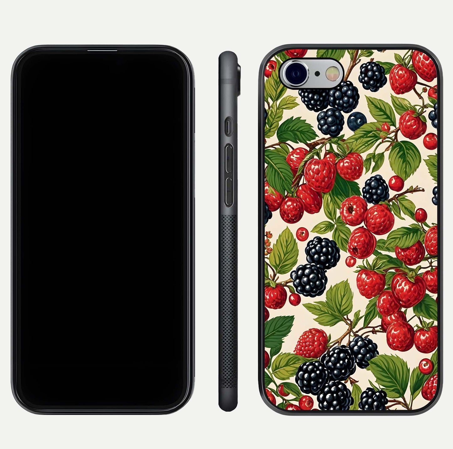Mixed Berry Collage Glass Case for iPhone 16 Pro front & back layout highlighting colorful art and curved edges
