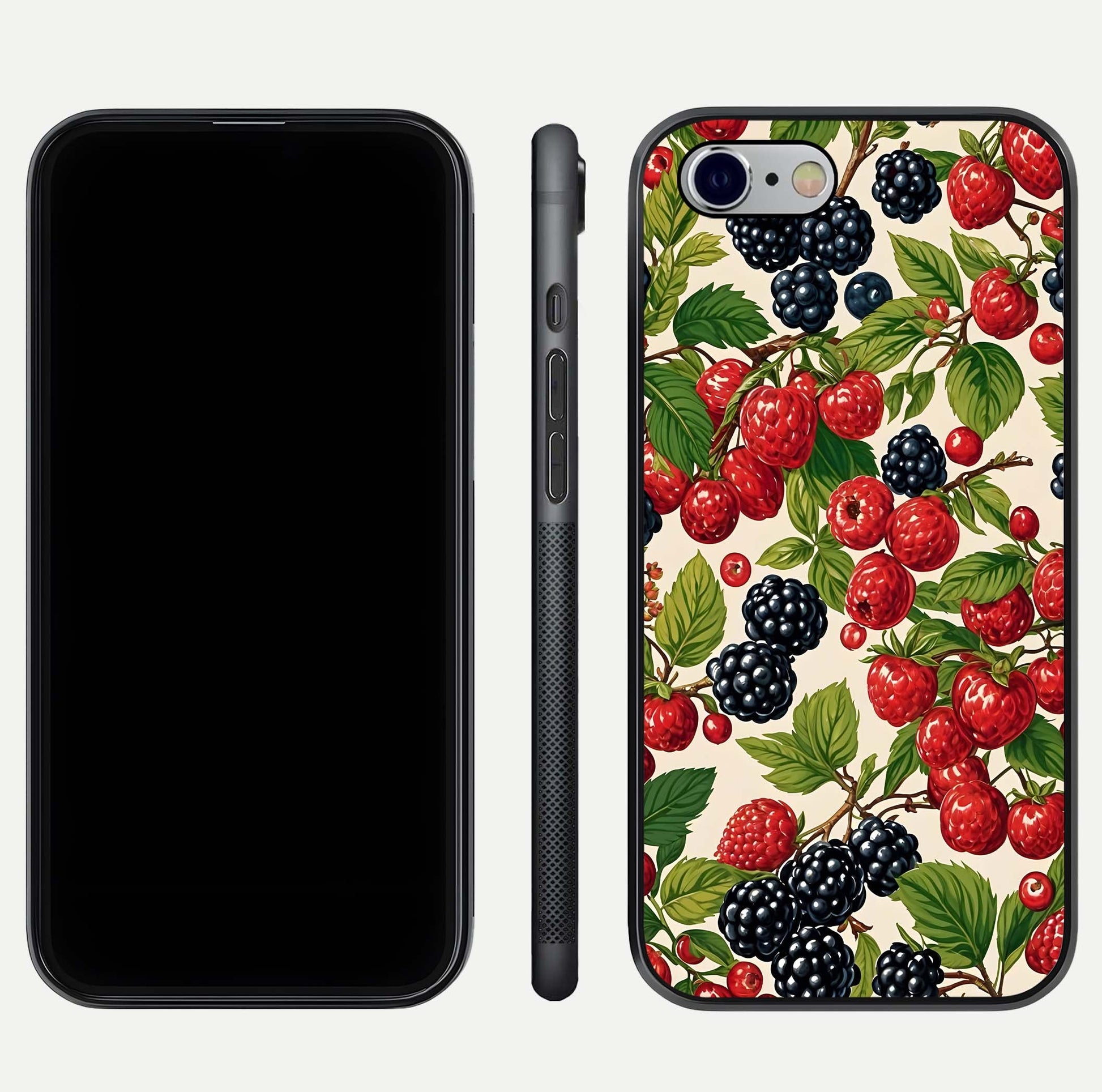 Mixed Berry Collage Glass Case for iPhone 16 Pro front & back layout highlighting colorful art and curved edges