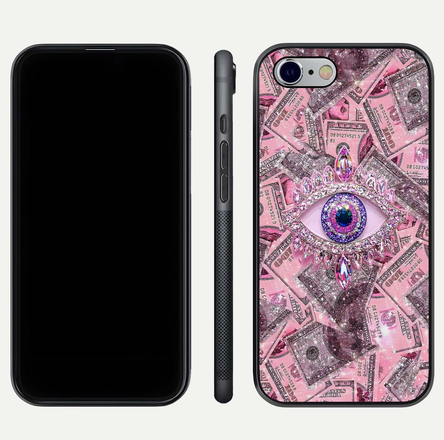 Money Eye Luxe Glass Case for iPhone 16 Pro front & back layout highlighting luxury edge design and bold art
