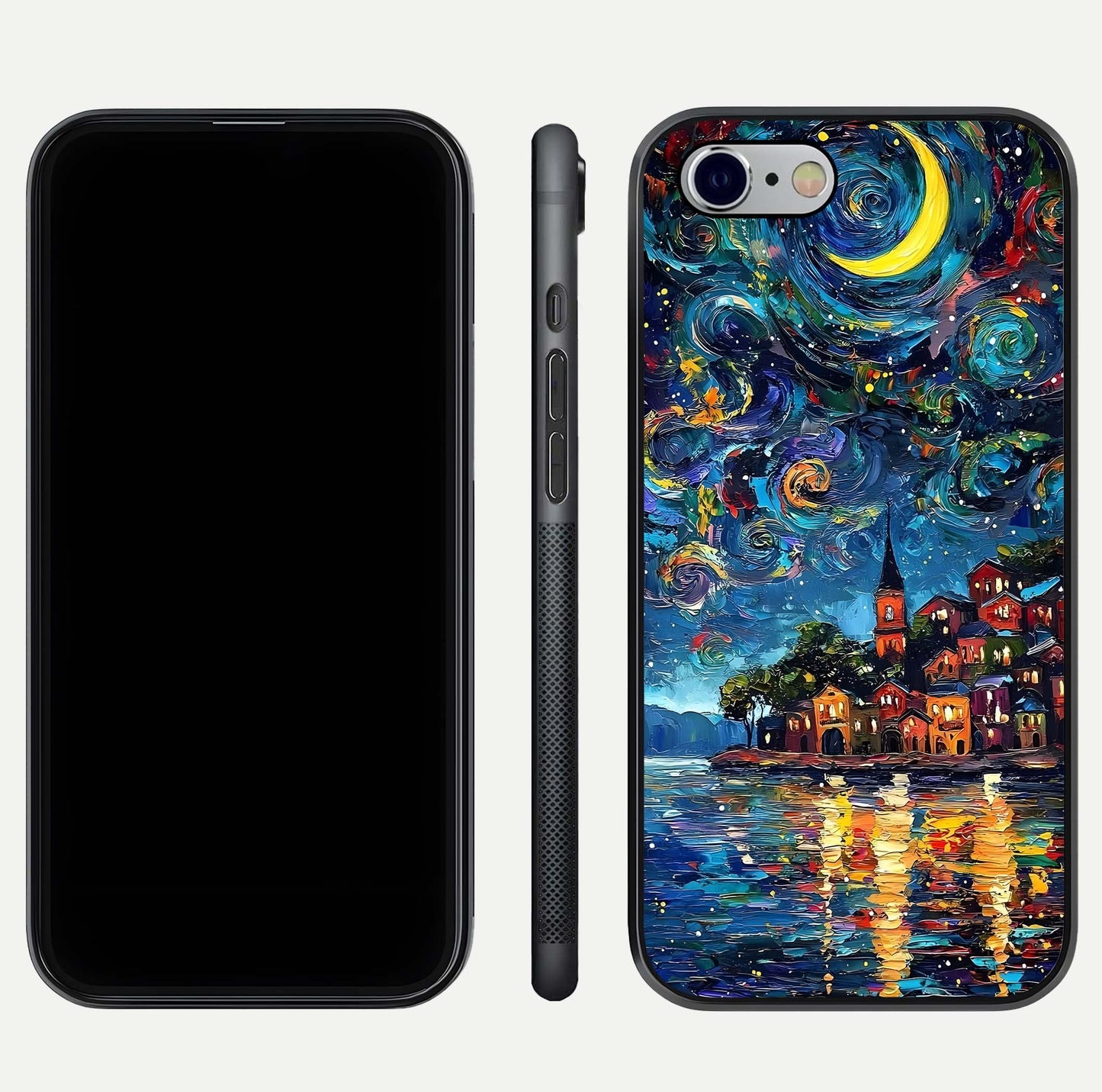 Moonlight Harbor Glow Glass Case for iPhone 16 Pro front & back layout highlighting calm harbor tones