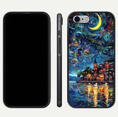 Moonlight Harbor Glow Glass Case for iPhone 16 Pro front & back layout highlighting calm harbor tones