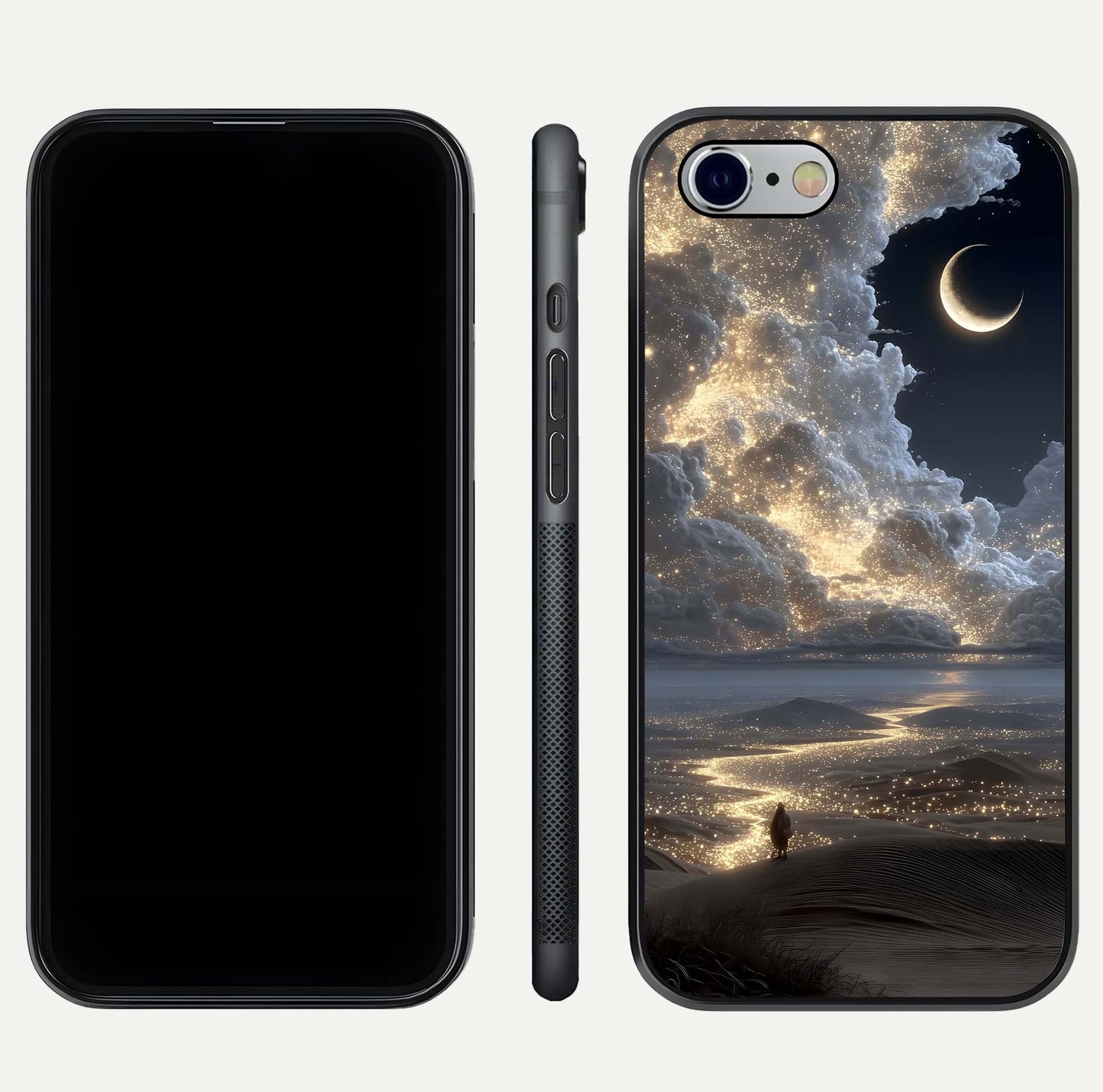 Moonlight Spark Path Glass Case for iPhone 16 Pro front & back layout highlighting calm tones and sleek edges