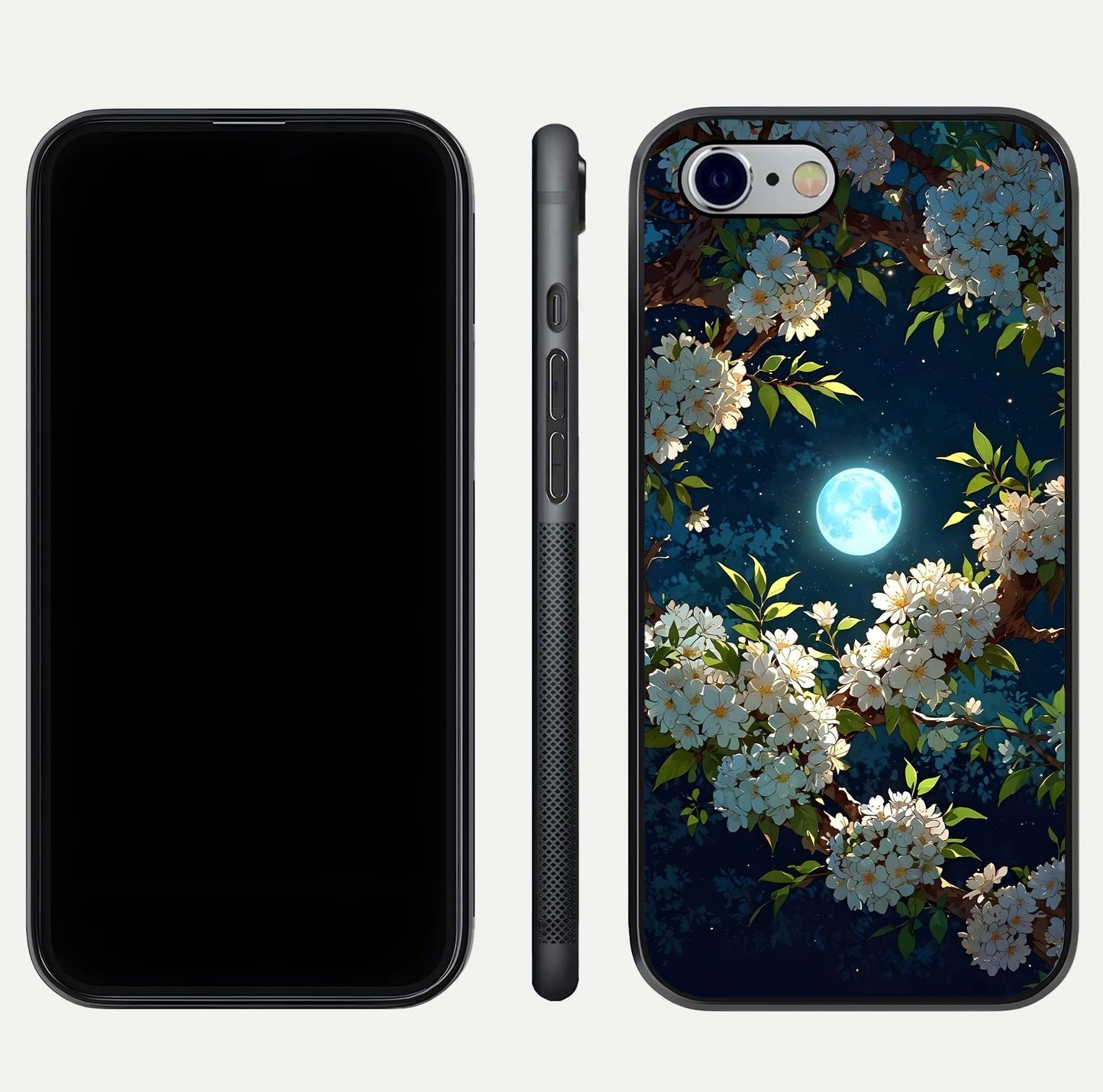 Moonlit Blossom Dream Glass Case for iPhone 16 Pro front & back layout highlighting moonlit tones and edges
