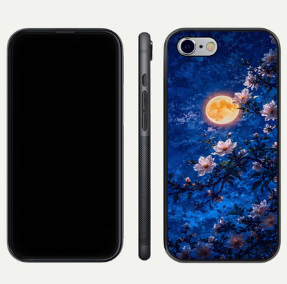 Moonlit Blossoms Night Glass Case for iPhone 16 Pro front & back layout highlighting moonlit tones and curved edges