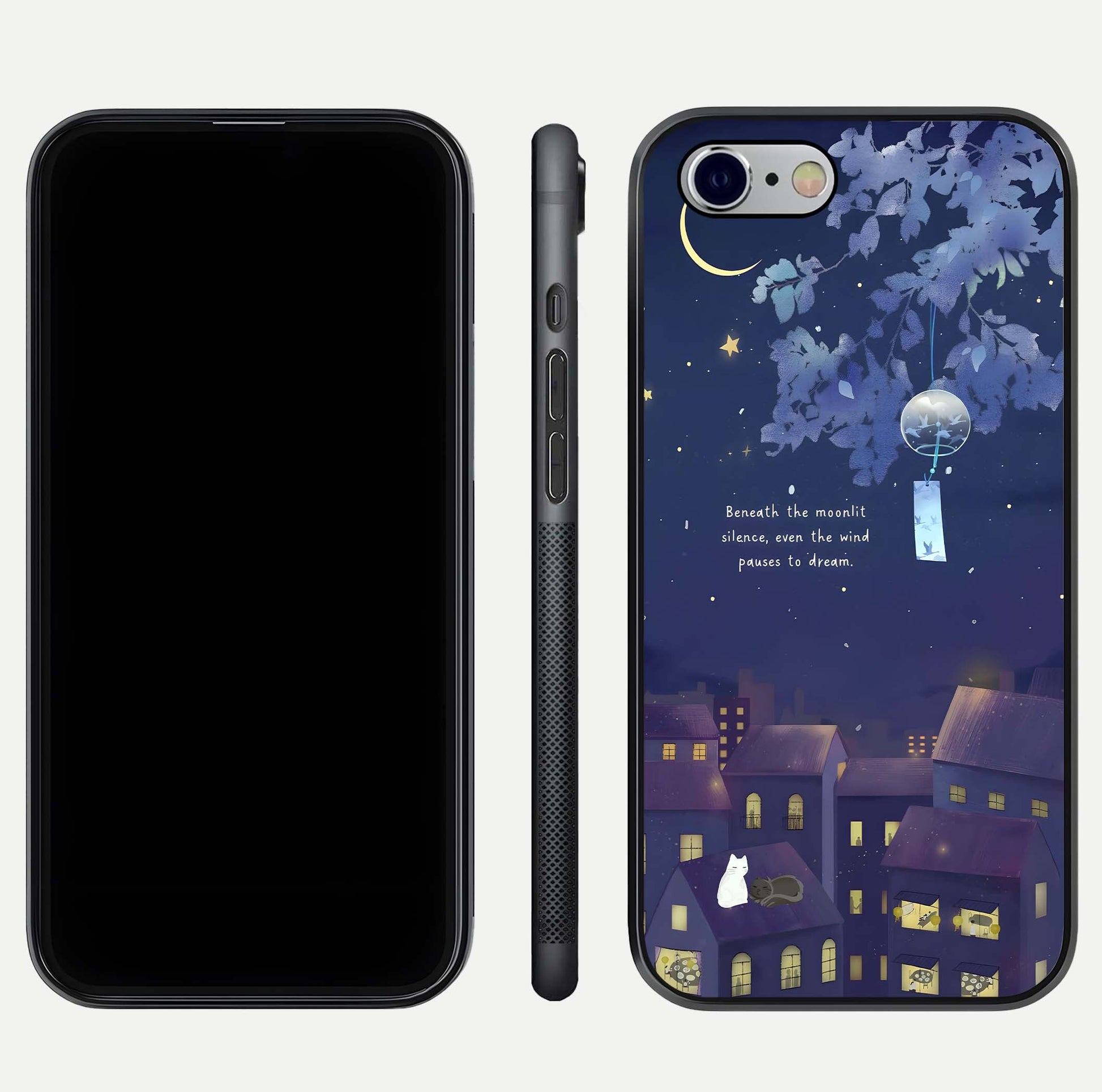 Moonlit Cat Silence Glass Case for iPhone 16 Pro front & back layout highlighting calm tones and edge detail