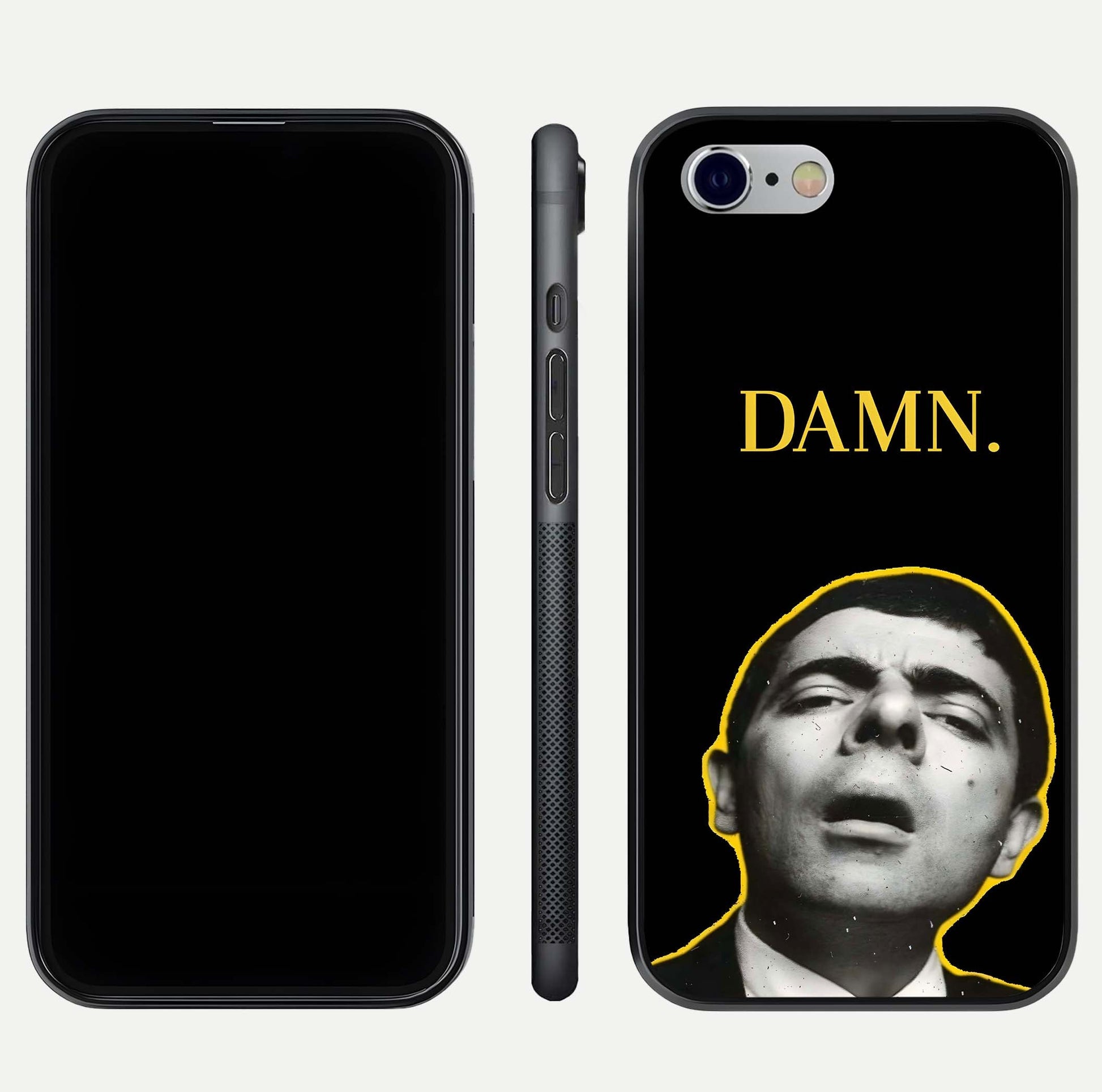 Mr Bean Damn Glass Case for iPhone 16 Pro front & back layout displaying fun artwork and curved smooth edges