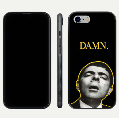 Mr Bean Damn Glass Case for iPhone 16 Pro front & back layout displaying fun artwork and curved smooth edges