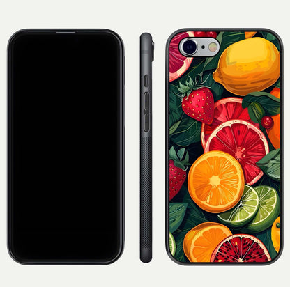 Multiple Fruits Glass Case for iPhone 16 Pro front & back layout highlighting vibrant tones and curved edges