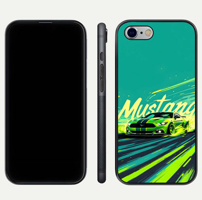 Mustang Bang Glass Case for iPhone 16 Pro front & back layout highlighting dark automotive tones and edge detail