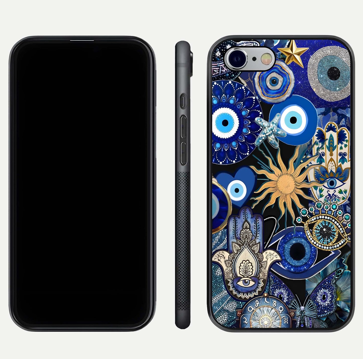 Mystic Blue Evil Eye Glass Case for iPhone 16 Pro front & back layout showing elegant tones and edge finish