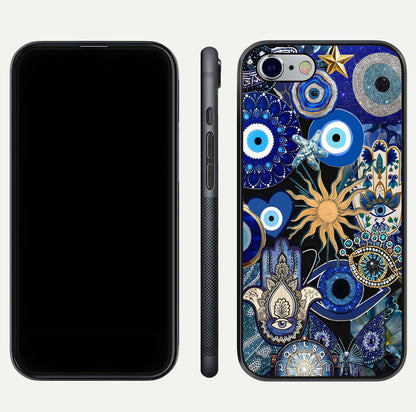 Mystic Blue Evil Eye Glass Case for iPhone 16 Pro front & back layout showing elegant tones and edge finish