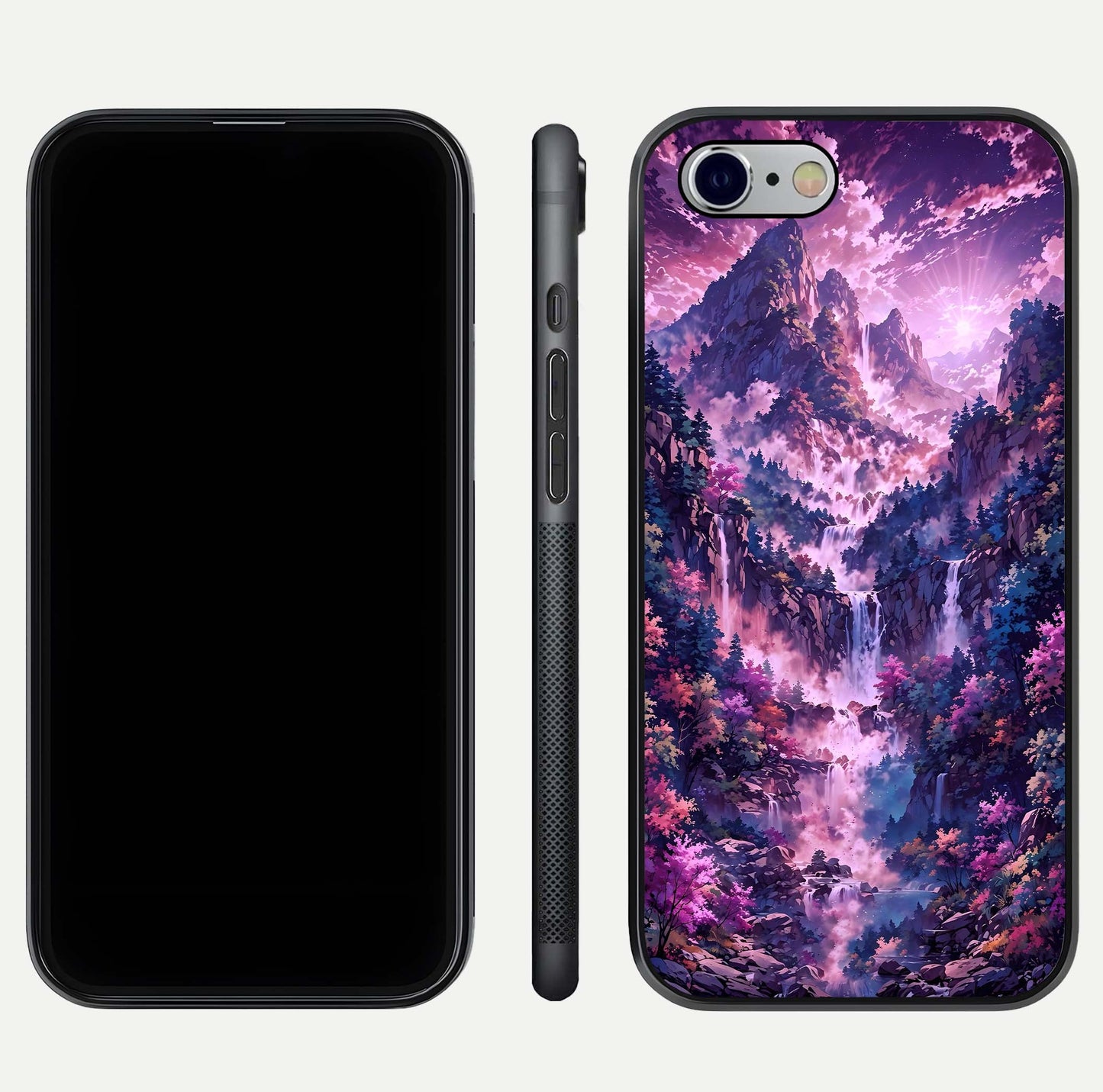 Mystic Cascade Peaks Glass Case for iPhone 16 Pro front & back layout highlighting HD landscape tones