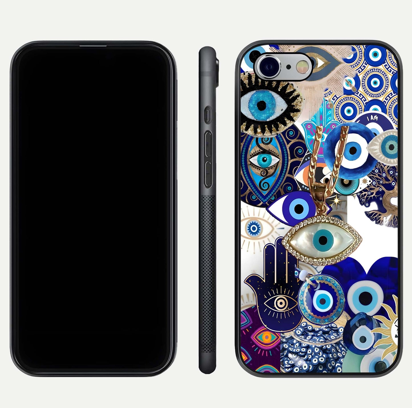 Mystic Charm Eye Glass Case for iPhone 16 Pro front & back layout highlighting spiritual design and edges