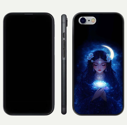 Mystic Moon Queen Glass Case for iPhone 16 Pro front & back layout highlighting divine illustration and edges
