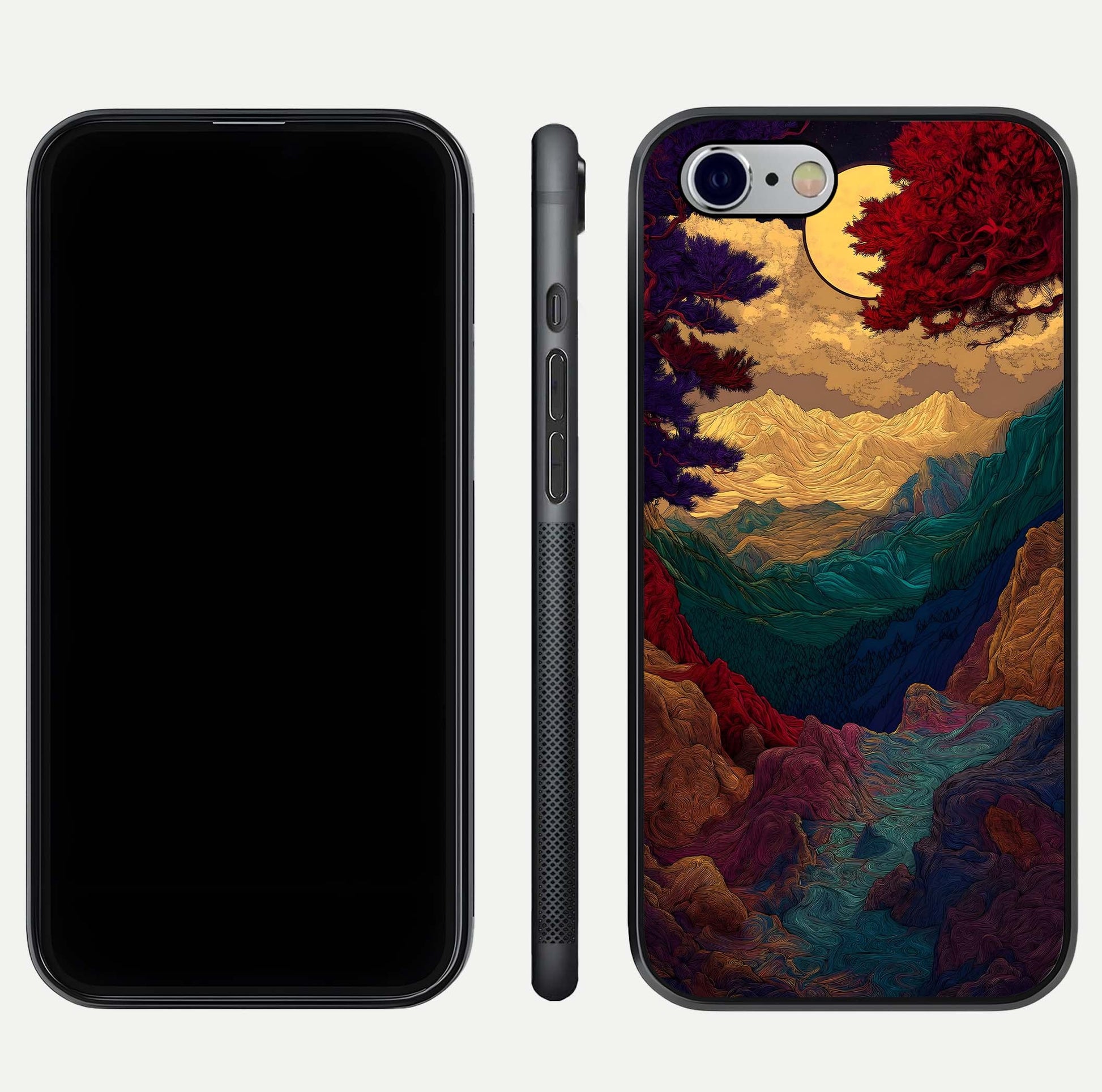 Mystic Valley Light Glass Case for iPhone 16 Pro front & back layout displaying landscape tones and edges