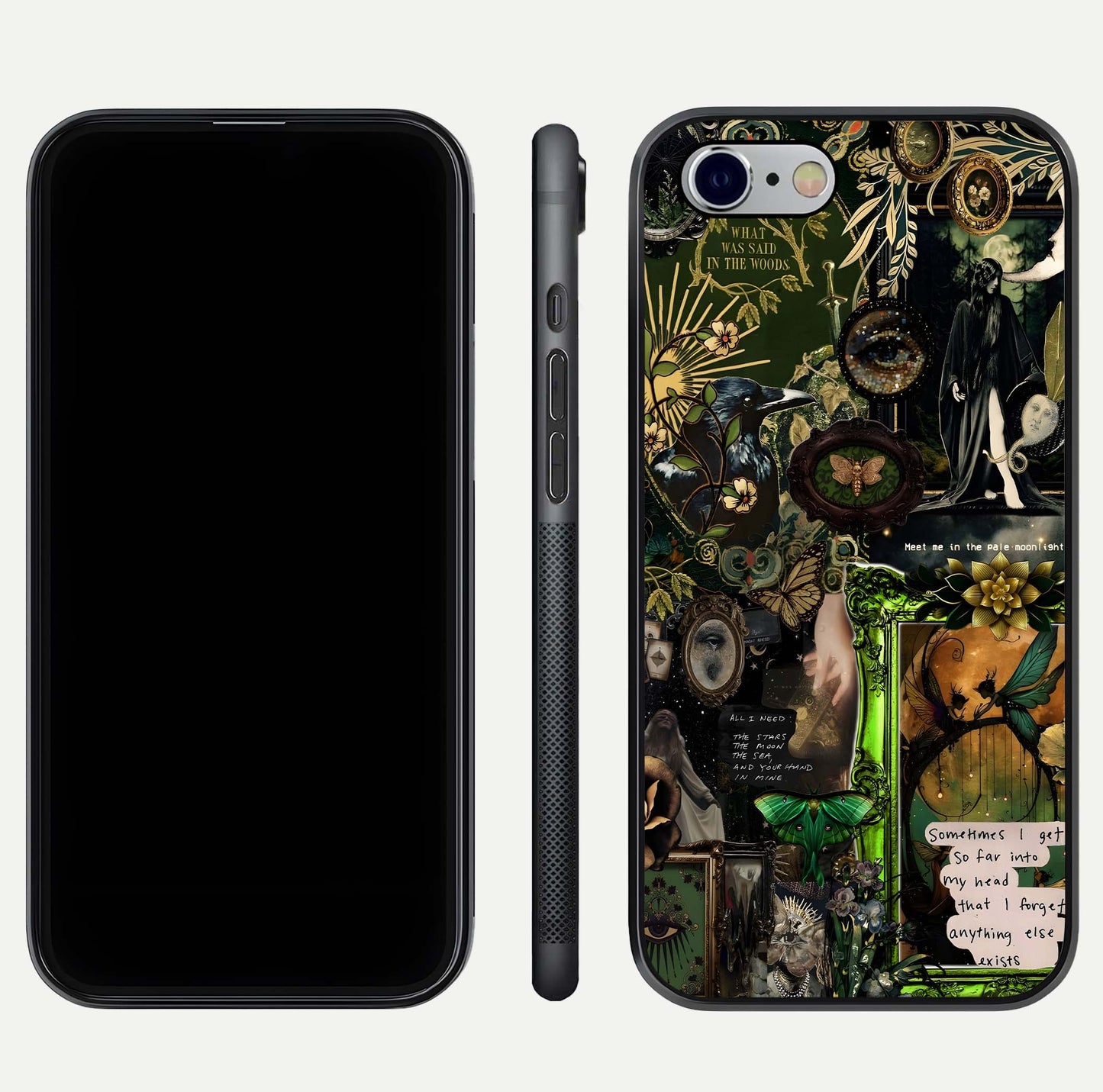 Mystic Woods Secret Glass Case for iPhone 16 Pro front & back layout showing nature theme and smooth edges