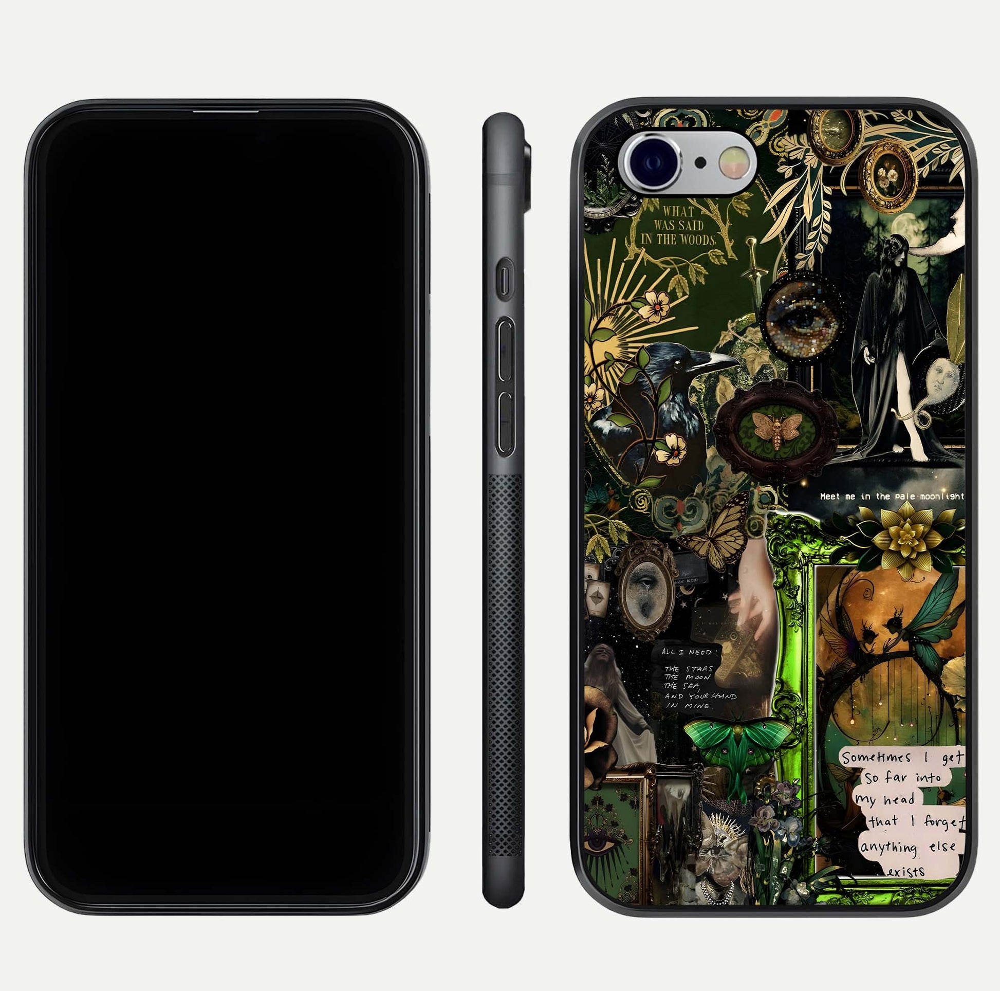Mystic Woods Secret Glass Case for iPhone 16 Pro front & back layout showing nature theme and smooth edges