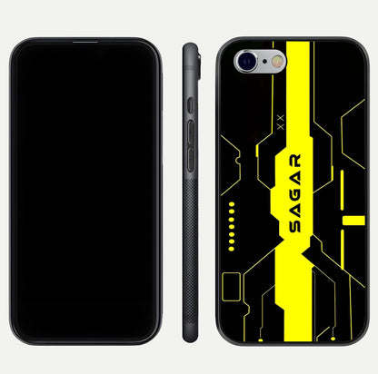 Neon CYBERPUNK Custom Name Glass Case for iPhone 16 Pro front & back layout showing tech art and custom edge