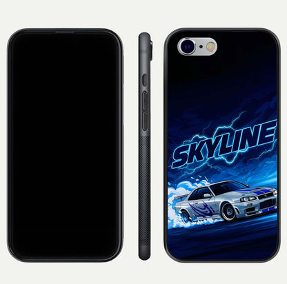 Neon Drift Beast Glass Case for iPhone 16 Pro front & back layout showing car silhouette and edge design