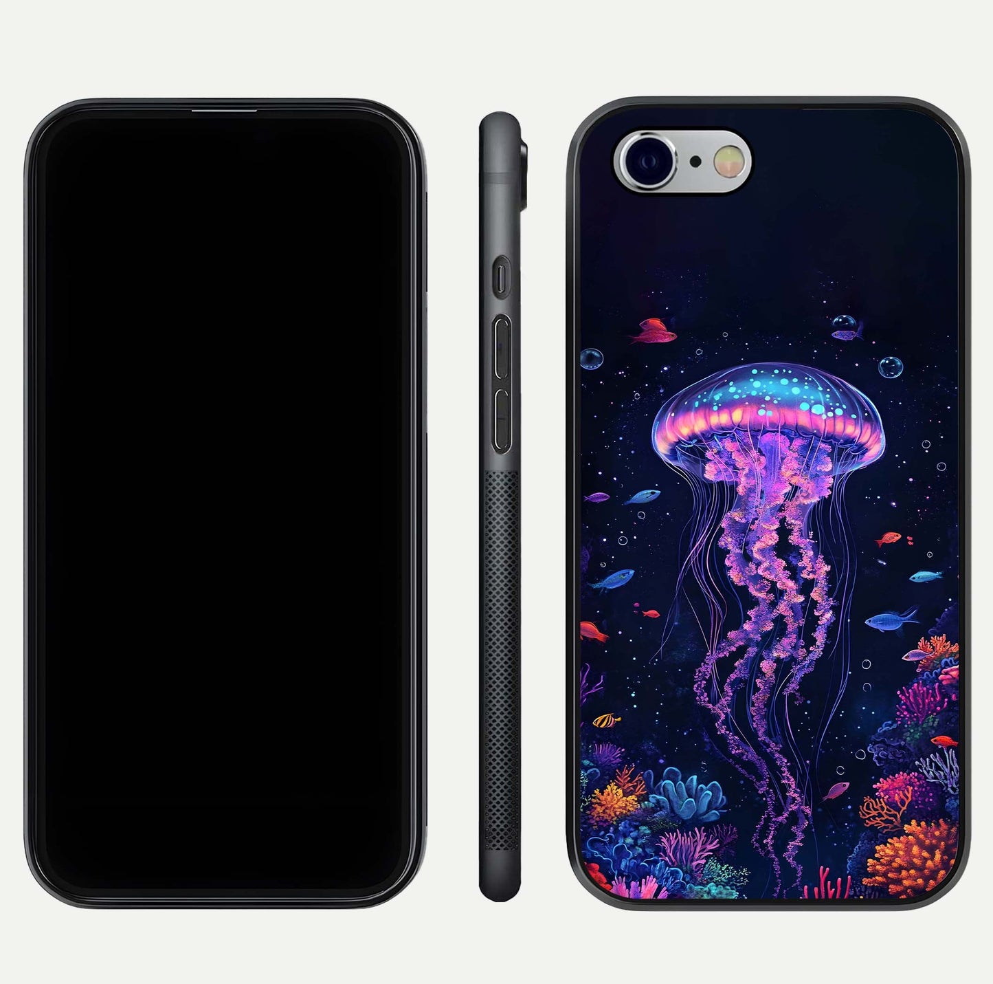 Neon Jellyfish Glass Case for iPhone 16 Pro front & back layout highlighting HD marine art and curved edges