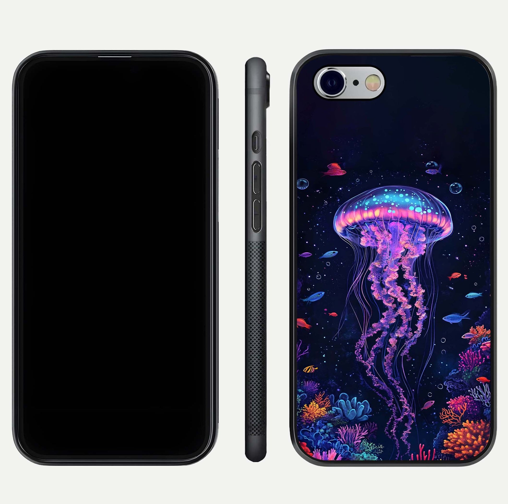 Neon Jellyfish Glass Case for iPhone 16 Pro front & back layout highlighting HD marine art and curved edges