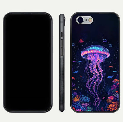Neon Jellyfish Glass Case for iPhone 16 Pro front & back layout highlighting HD marine art and curved edges