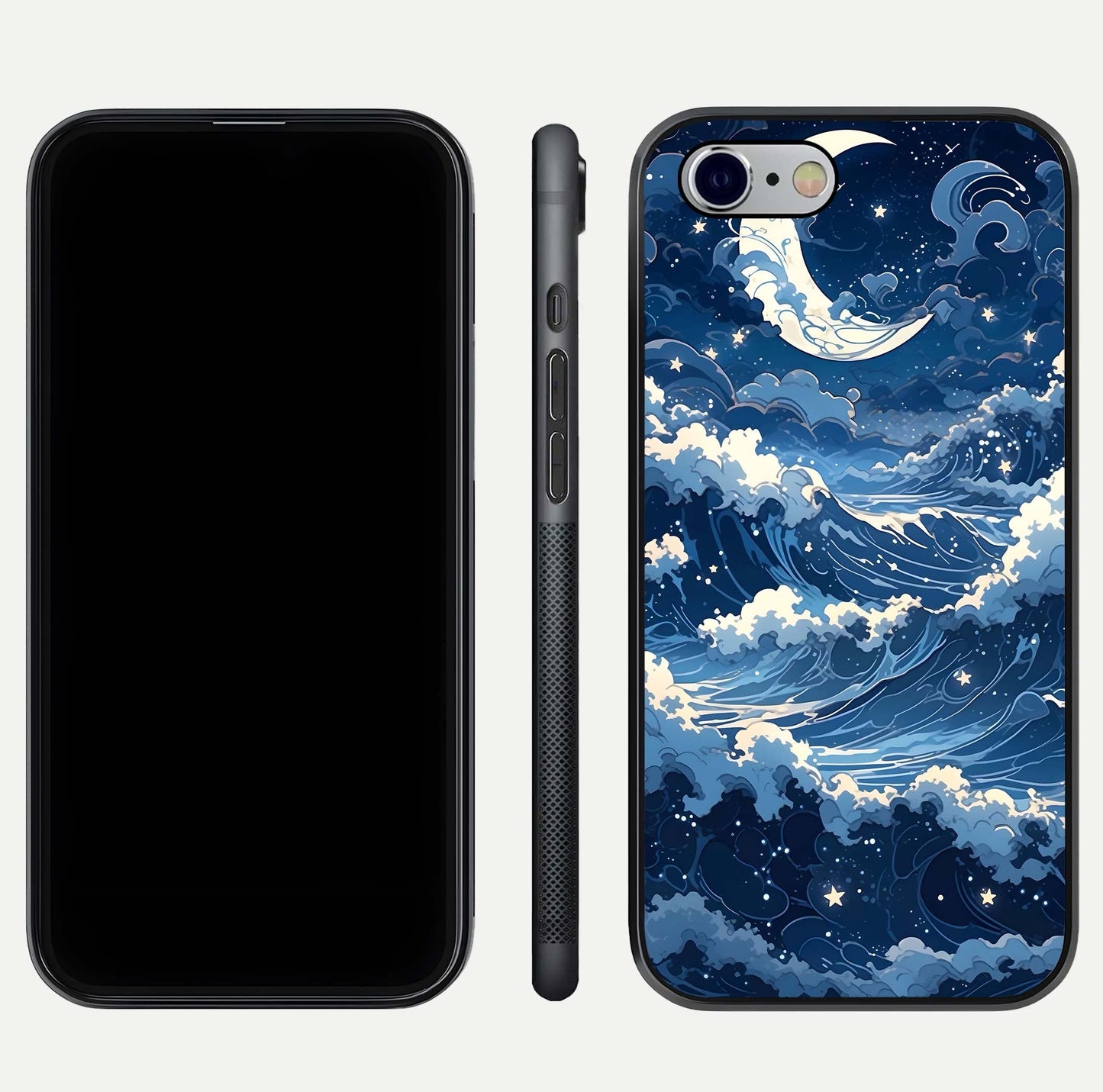 Ocean Moon Waves Glass Case for iPhone 16 Pro front & back layout highlighting water flow and smooth edges