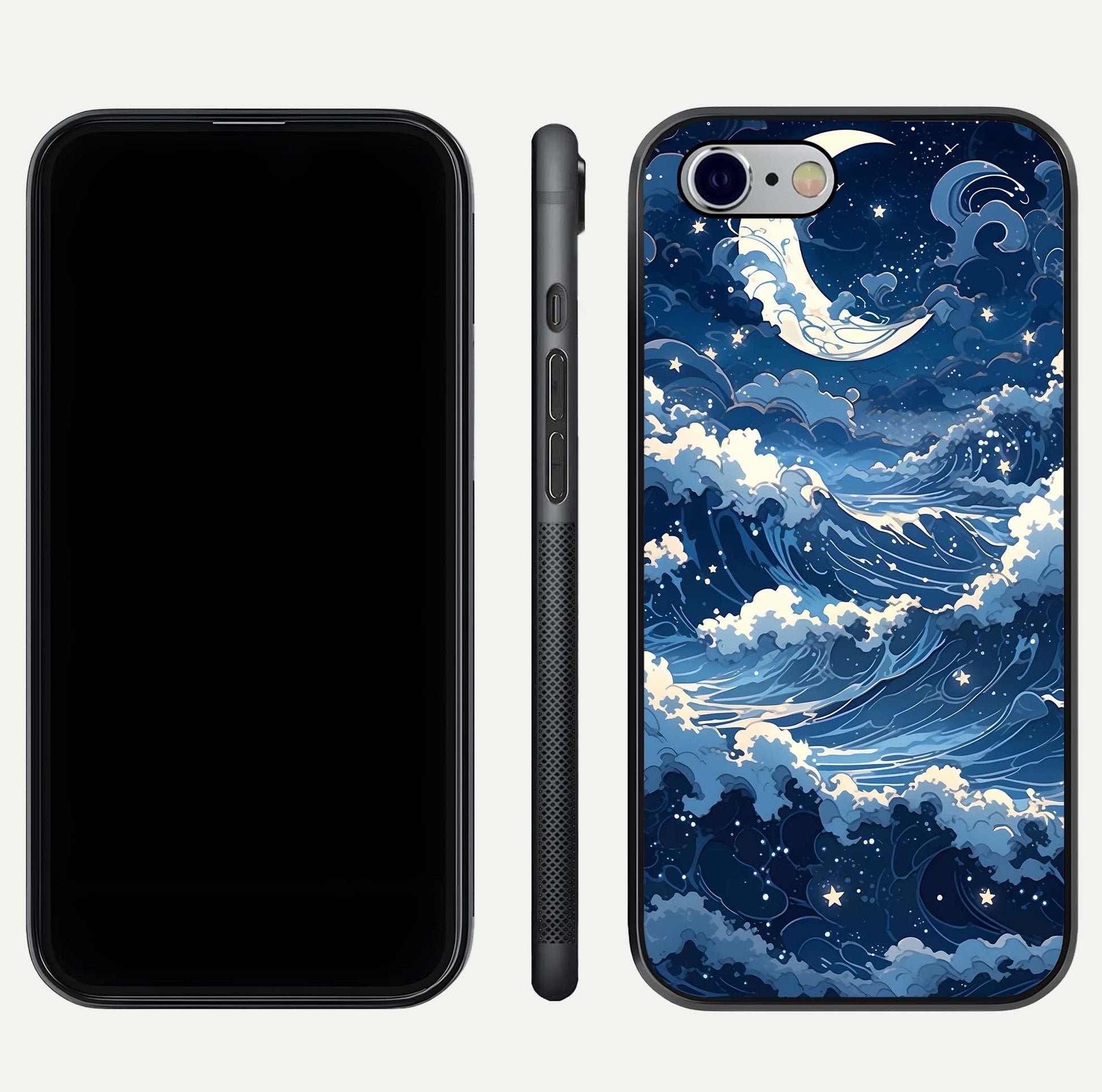 Ocean Moon Waves Glass Case for iPhone 16 Pro front & back layout highlighting water flow and smooth edges