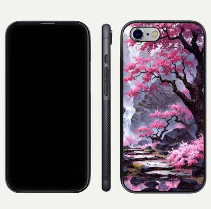 Pinkish Scenery Glass Case for iPhone 16 Pro front & back layout showing landscape art and curved edge finish