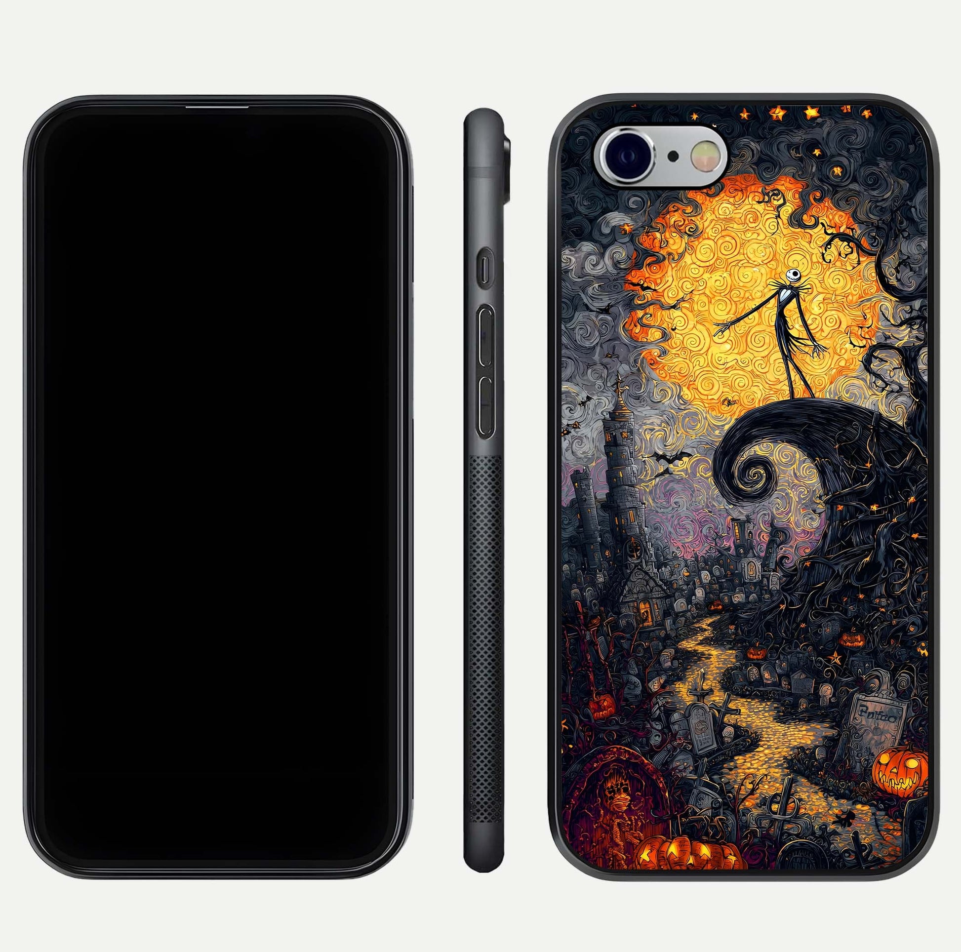 Pumpkin Moon Night Glass Case for iPhone 16 Pro front & back layout highlighting festive tones and smooth edges