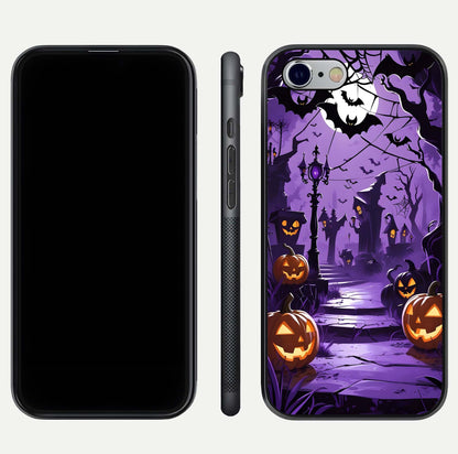 Pumpkin Patch Halloween Glass Case for iPhone 16 Pro front & back layout showing festive Halloween print
