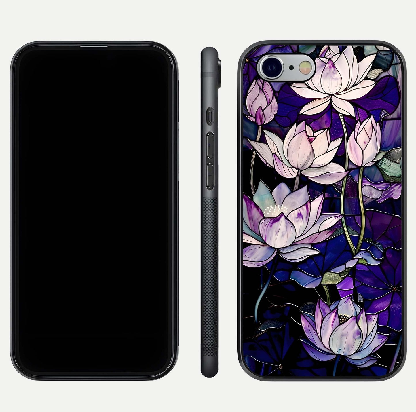 Purple Lotus Pattern Glass Case for iPhone 16 Pro front & back layout highlighting floral tones and soft edges