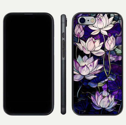 Purple Lotus Pattern Glass Case for iPhone 16 Pro front & back layout highlighting floral tones and soft edges